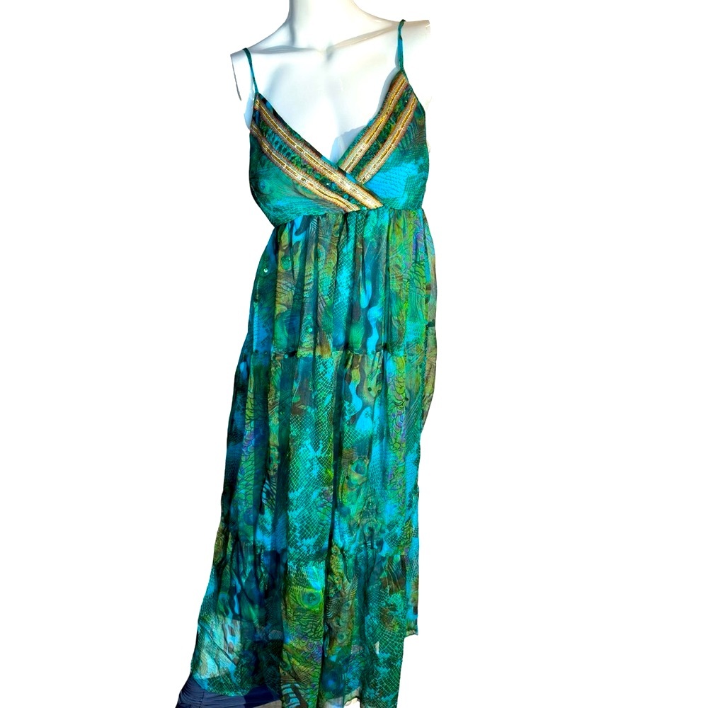 California Breeze Boho Dress Gorgeous Colors Blues & Greens Sequins Size S